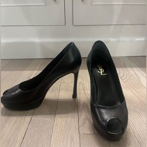 YSL black leather platform peep toe pump